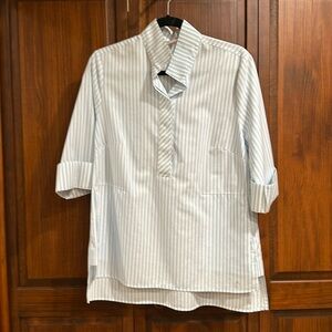 Chico’s blouse, pale blue and white vertical stripes, Mandarin collar, size 0